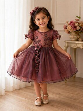NWT Girls Rust Floral Party Dress Tulle Rosettes Special Occasion